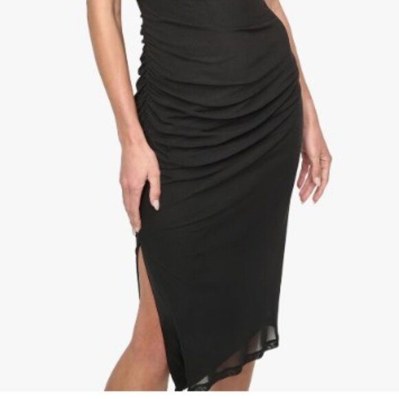 NWT DKNY Women's One Shoulder Asymmetric Neck Side Slit Bodycon Midi Dress Sz 14 - Picture 2 of 13